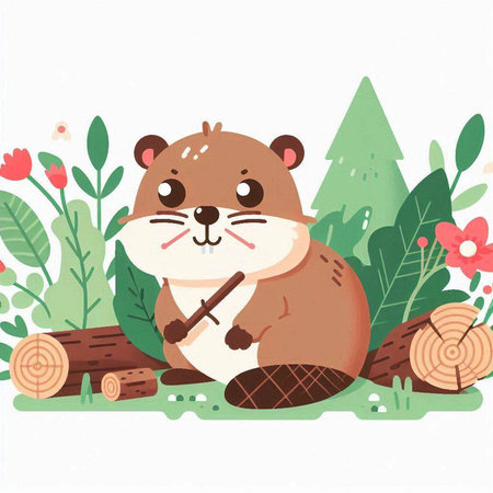 Cute beaver with a wooden stick in the forest. Vector illustration.のイラスト素材