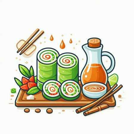 Illustration of Sushi Set with Chopsticks and Sauce on White Backgroundのイラスト素材