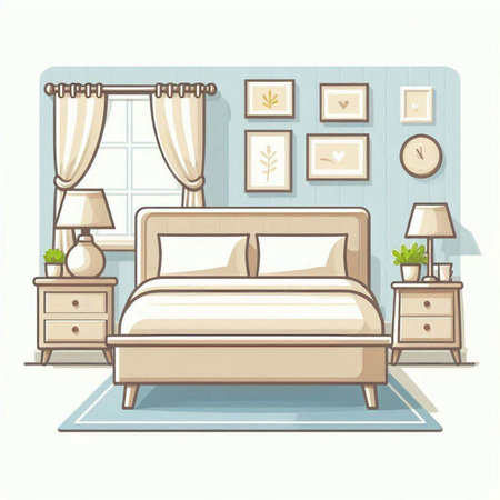Bedroom interior. Vector illustration in cartoon style. Interior of the bedroom.のイラスト素材