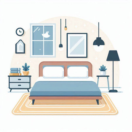 Bedroom interior. Vector illustration in flat style. Cozy bedroom.のイラスト素材