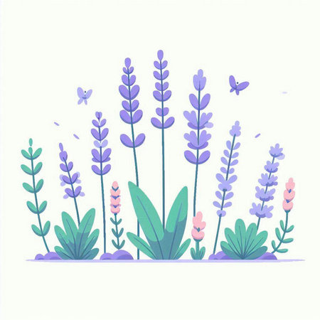 Lavender flowers. Hand drawn vector illustration in cartoon style.のイラスト素材