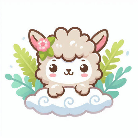 Cute cartoon sheep with flowers on the cloud. Vector illustration.のイラスト素材
