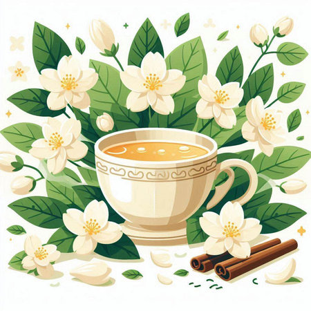 Jasmine tea with jasmine flowers. Vector illustration.のイラスト素材