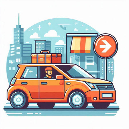 Traveling by car with luggage and bag. Vector illustration in flat styleのイラスト素材