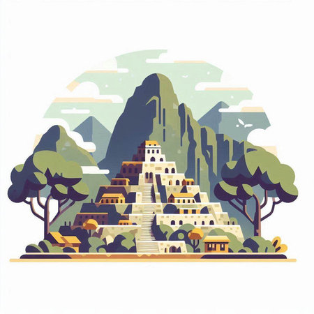 Ancient Inca temple in the mountains. Vector illustration in flat styleのイラスト素材