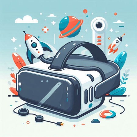 Vector illustration of virtual reality glasses with rocket, spaceship and planets.のイラスト素材