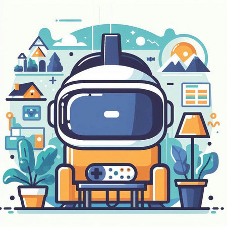 Vector illustration of a cartoon robot playing video games in the living roomのイラスト素材