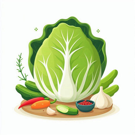 Vector illustration of fresh vegetables on white background. Cabbage, onion, garlic, pepper, cucumber.のイラスト素材