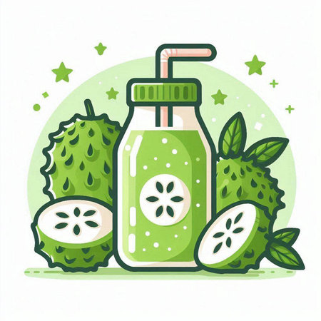 Green smoothie in a glass bottle with a straw. Hand drawn vector illustration.のイラスト素材