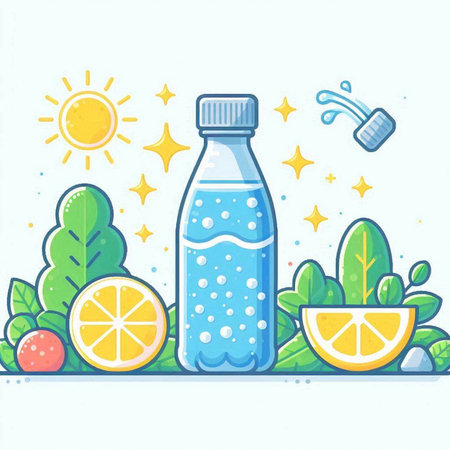 Bottle of water with lemon and leaves. Vector illustration in flat style.のイラスト素材
