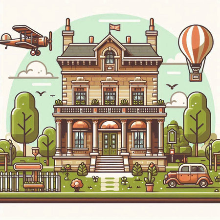 City landscape with old building, trees, hot air balloons and flying plane. Vector illustration.のイラスト素材