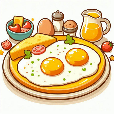 Illustration of a Plate of Fried Eggs with Vegetables and Fruitsのイラスト素材