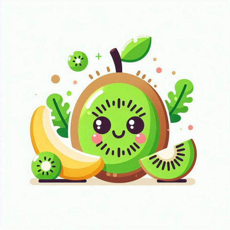 Cute kiwi fruit with kiwi slices, vector illustrationのイラスト素材