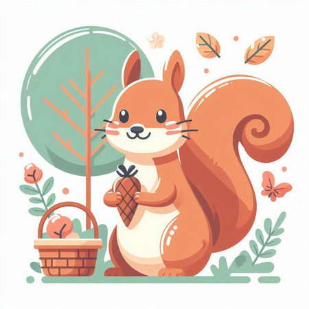 Cute squirrel with a basket of nuts. Vector illustration in cartoon style.のイラスト素材
