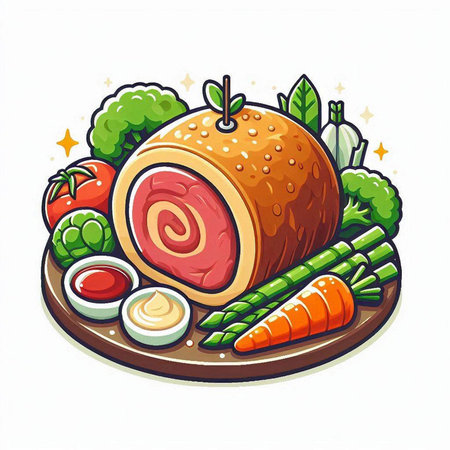 Illustration of a ham roll with vegetables on a white background.のイラスト素材
