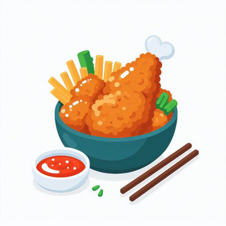 Fried chicken wings in bowl with sauce and chopsticks. Vector illustration.のイラスト素材
