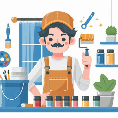 Painter at work in his workshop. Vector illustration in flat styleのイラスト素材