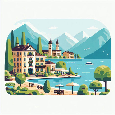 Landscape of Lake Lucerne, Switzerland. Vector illustration.のイラスト素材