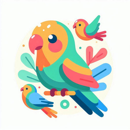 Colorful cute parrots on white background. Vector illustration in flat style.のイラスト素材