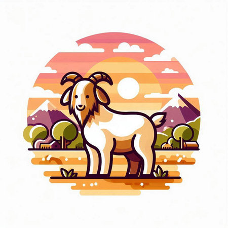 Goat on the background of the sunset. Vector illustration in flat style.のイラスト素材