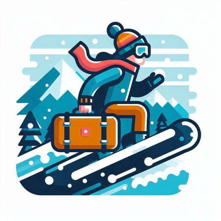 Snowboarder with a suitcase in the mountains. Vector illustration.のイラスト素材