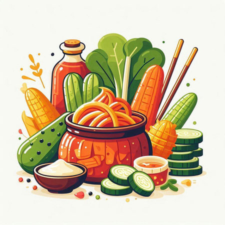 Vegetable soup in pot with chopsticks. Vector illustration.のイラスト素材