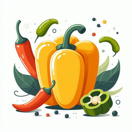 Illustration of fresh paprika with green and red chili peppers.のイラスト素材