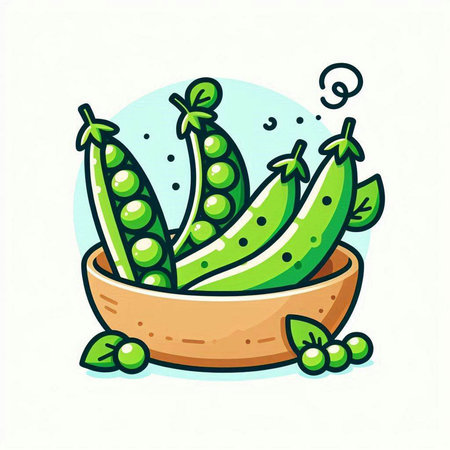 Green peas in a wooden bowl. Vector illustration isolated on white background.のイラスト素材