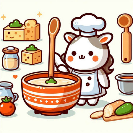 Illustration of a Cute Little Bear Chef Character Posing with a Spoonのイラスト素材