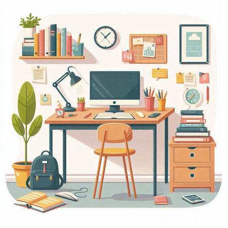 Vector illustration of workplace with computer, books, stationery and other itemsのイラスト素材