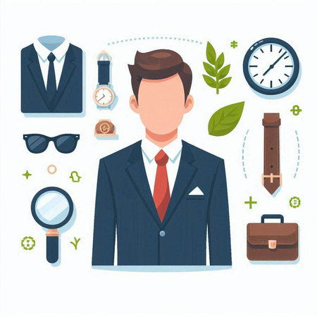 Businessman with set of icons. Vector illustration in flat style.のイラスト素材
