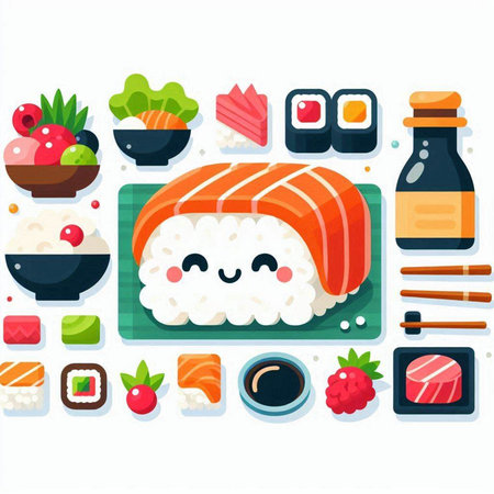 Sushi icon set in flat style. Japanese food vector illustration.のイラスト素材