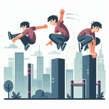 Vector illustration of a young man jumping over obstacles in a city.のイラスト素材