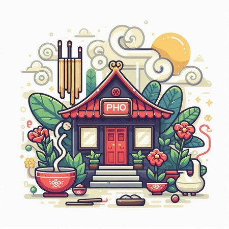 Chinese house. Vector illustration in doodle style on white background.のイラスト素材