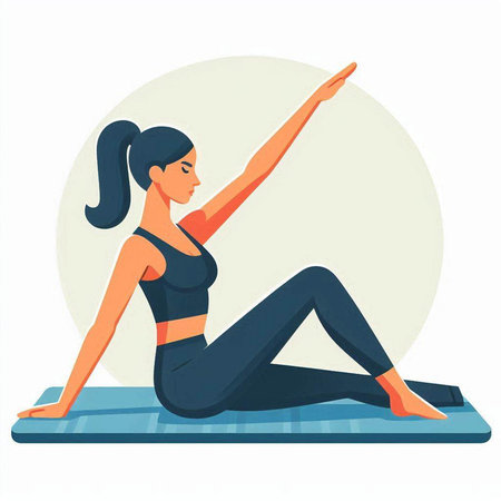 Young woman doing yoga exercise on mat. Vector illustration in flat styleのイラスト素材