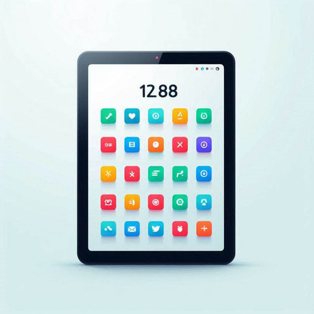 Tablet computer with colorful application icons on the screen. Vector illustration.のイラスト素材