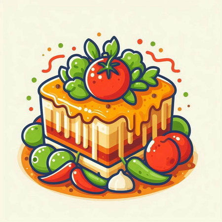 Piece of cake with cherry, tomato and mint. Vector illustration.のイラスト素材