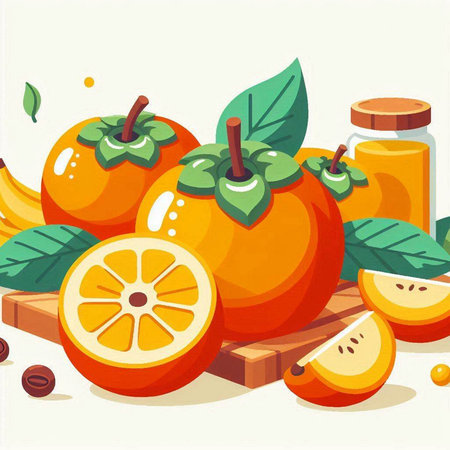 Vector illustration of ripe persimmon fruits and glass jar of juiceのイラスト素材