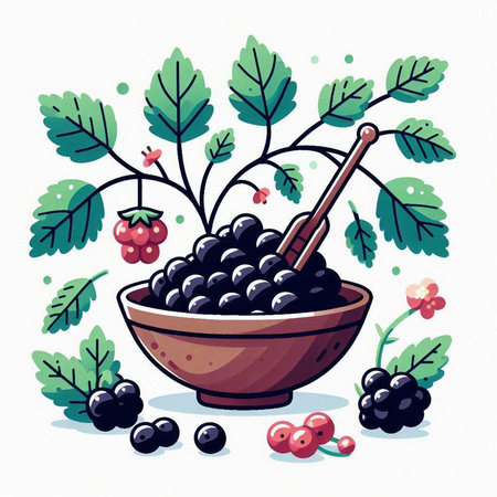 Bowl of black currant berries. Hand drawn vector illustration.のイラスト素材