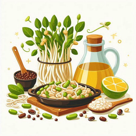 Vector illustration of soybean sprouts and soybean oil in a glass bottleのイラスト素材