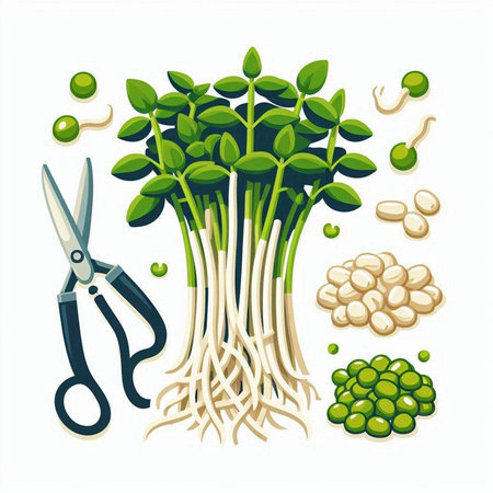 Microgreens with roots and scissors isolated on white background. Vector illustration.のイラスト素材