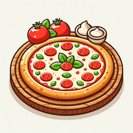 Pizza with tomato, mozzarella and basil. Vector illustration.のイラスト素材