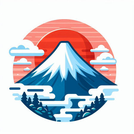Mt. Fuji and the sun. Vector illustration in flat styleのイラスト素材