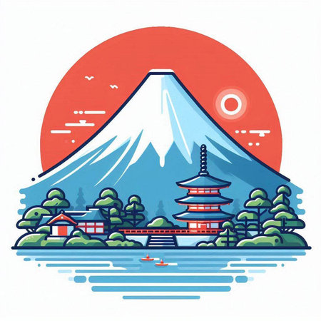Mt. Fuji with pagoda in Japan. Vector illustration.のイラスト素材