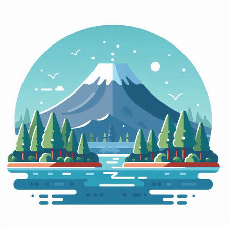 Mt. Fuji and lake. Vector illustration in flat style.のイラスト素材