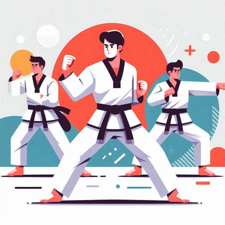 Taekwondo training. Vector illustration in flat cartoon style.のイラスト素材