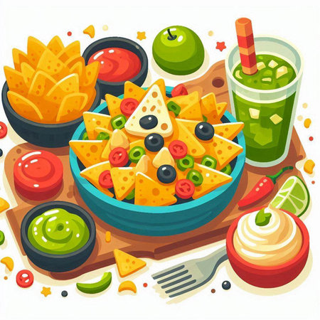 Mexican nachos in bowl with guacamole, cherry tomatoes, olives and cheese. Vector illustrationのイラスト素材