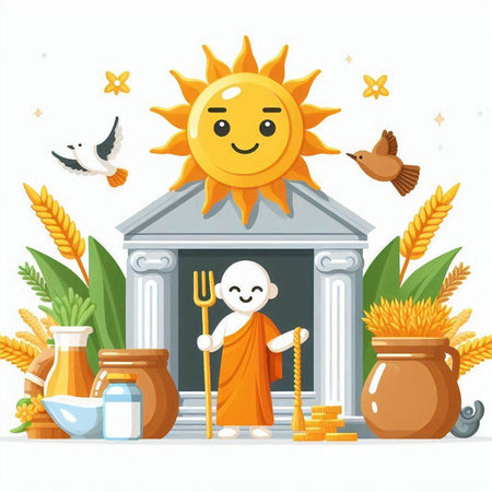 Vector illustration of happy cartoon character with sun, wheat ears, honey, scarecrow, vase and other farm objects.のイラスト素材