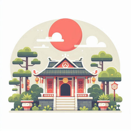 Chinese temple vector illustration in flat style. Landscape with traditional chinese building.のイラスト素材