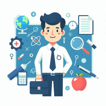 Vector illustration of a young businessman standing in front of the blackboard.のイラスト素材